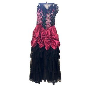 Loralie 1980's gothic saloon girl pink lame black lace strapless maxi gown SZ 14